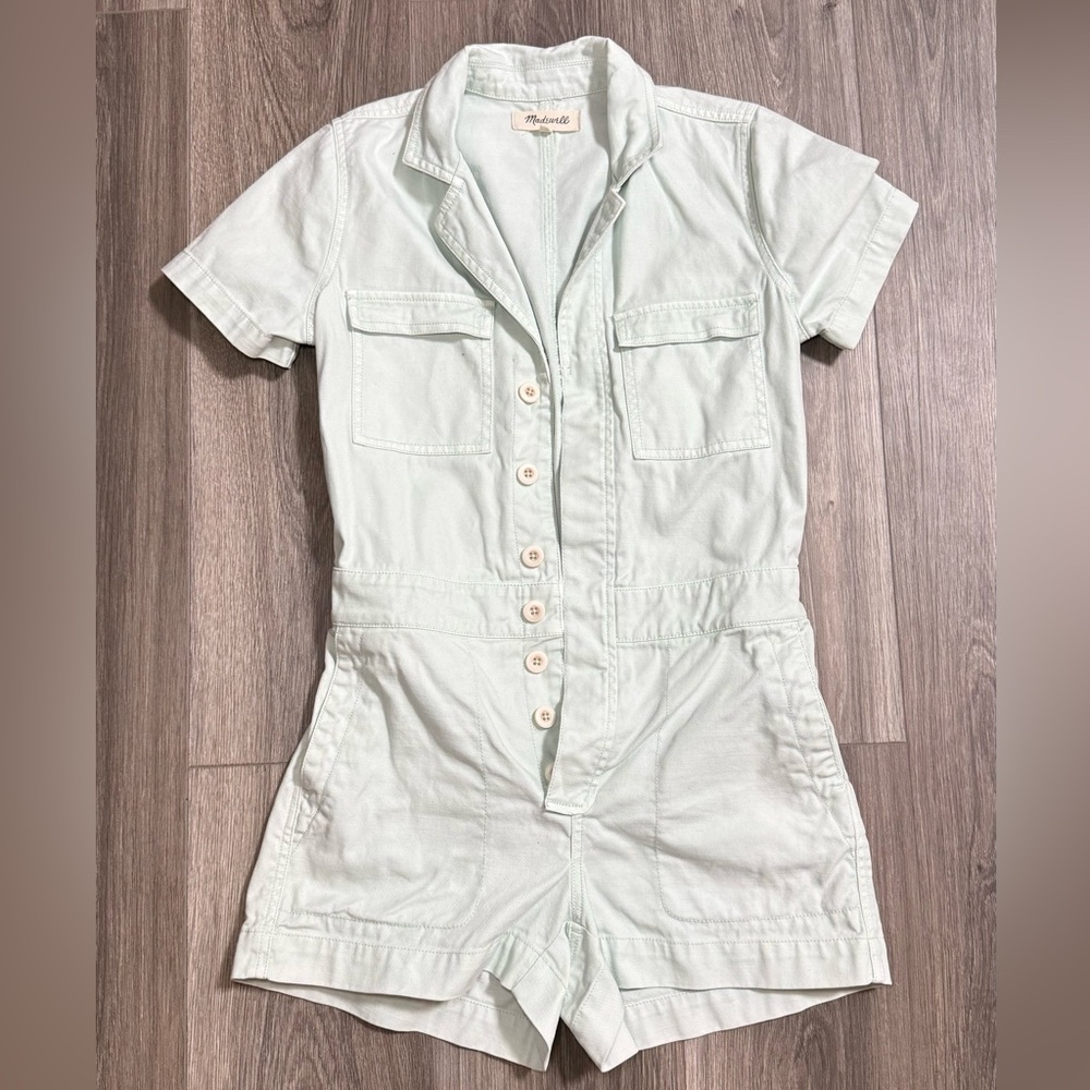Madewell Denim Coverall Utility Romper Pale Mint Sea Haze Size XSP Gorp Workwear